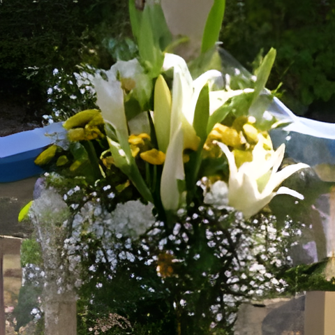 Hypericum, oriental lilies and lisianthus bouquet