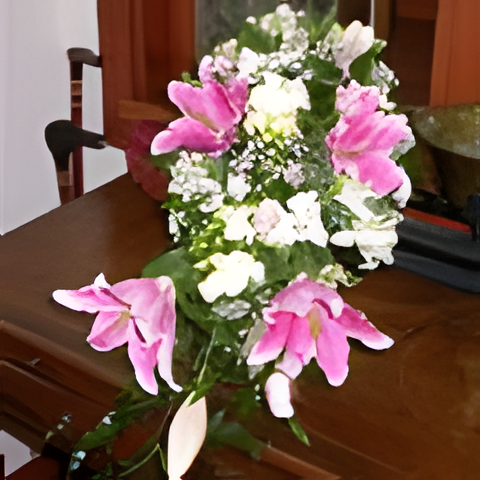 Cascade bouquet with sorbonne lilies, roses, alstroemeria, freesia