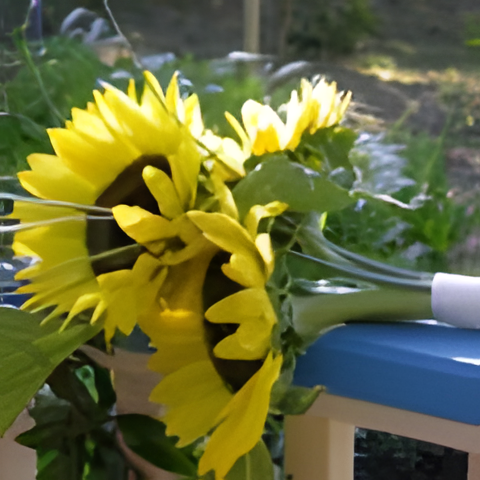 Posy bouquet with sunflowers and beargrass