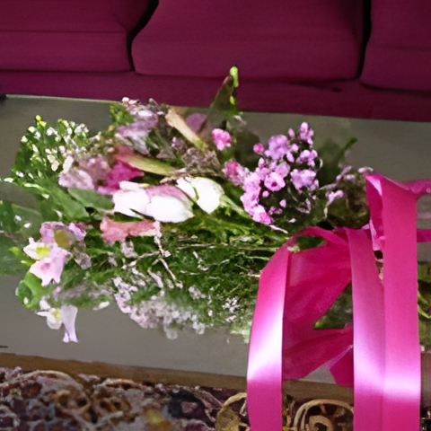 Presentation bouquet with roses, alstro, larkspur, dwarf callas, waxflower