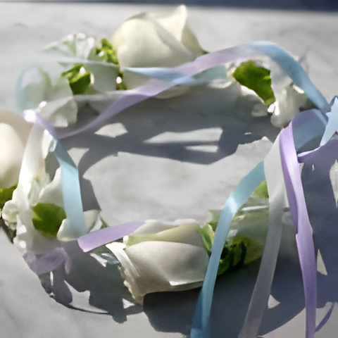 Hair lei with vendela roses, minicarnations, ribbons