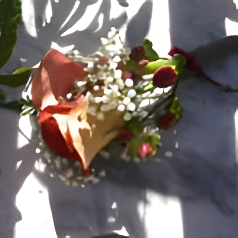 Boutonniere with leonidas rose, hypericum, millionstar gyp